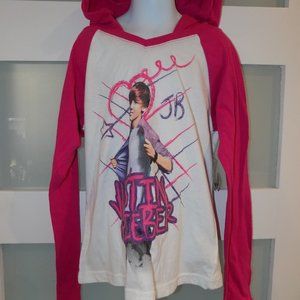 Justin Bieber LS Pink/White Hooded Shirt Size 10/12 Girl's NEW